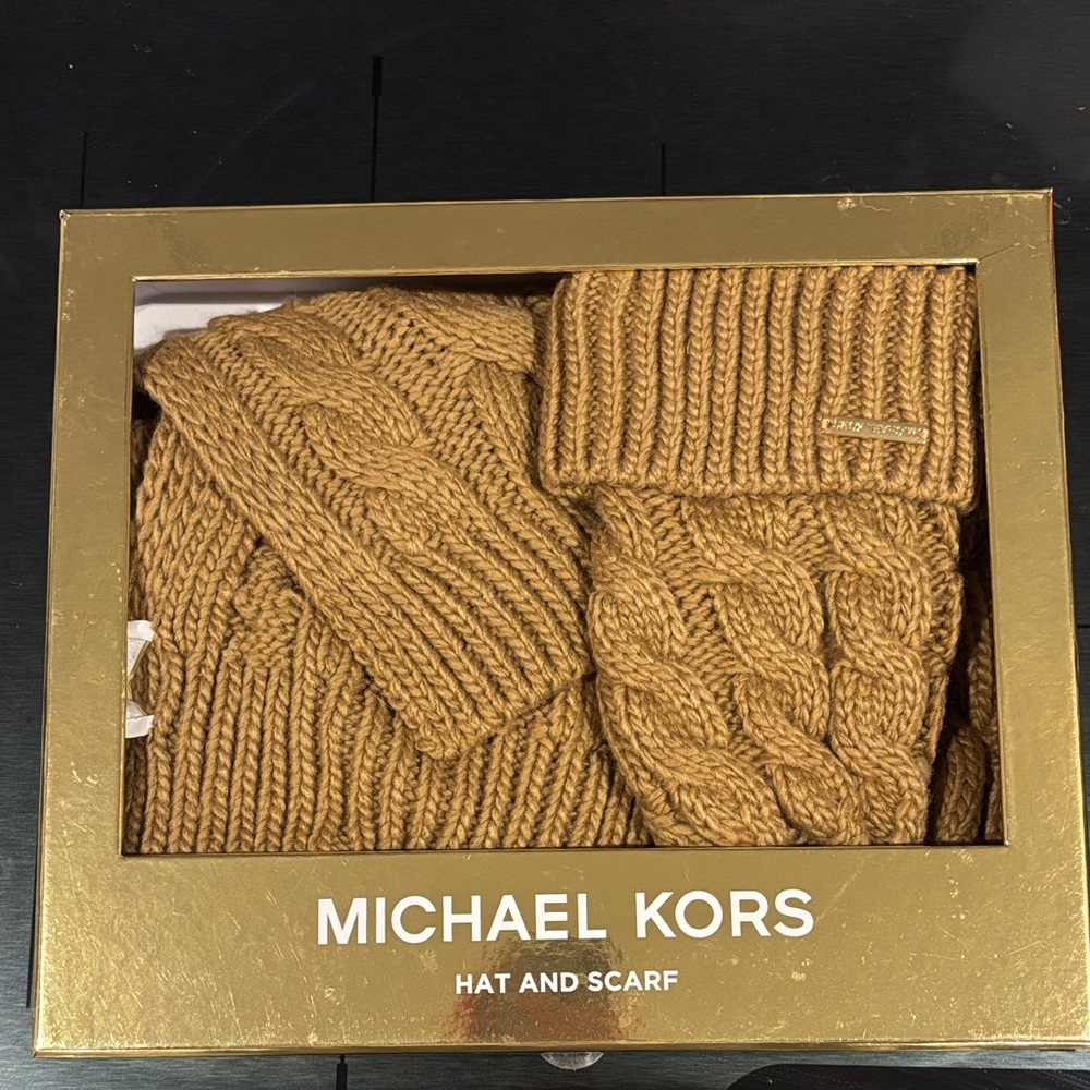 Michael Kors Gold Cable Knit Hat and Scarf Set